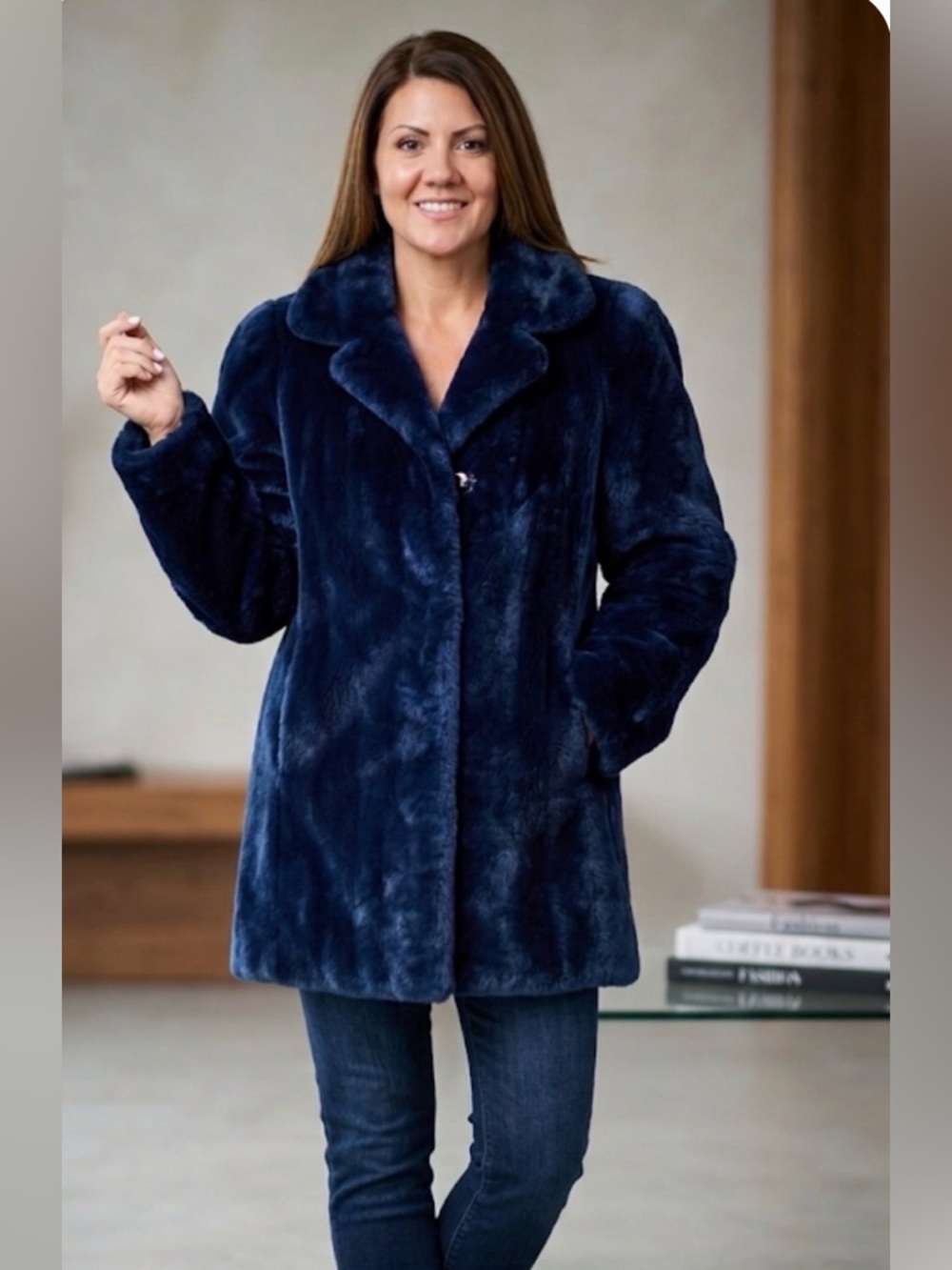 ARCHIVAL Vintage Christian Dior Fourrure Navy Blue Faux Fur Coat - Bonwit Teller